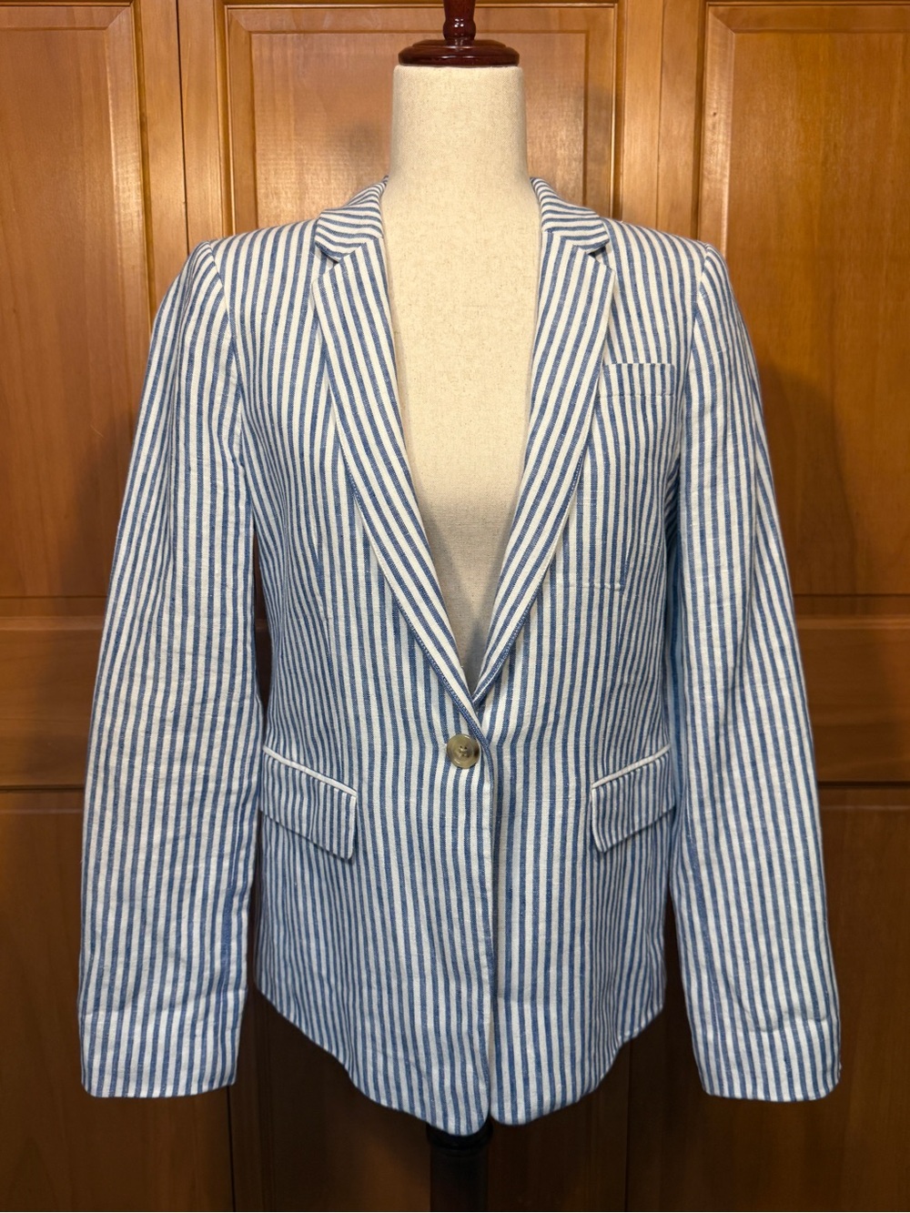 J Crew Linen Striped Blue & White Blazer